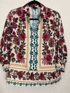 Talbots Floral Tunic Top in White, Pink and Teal